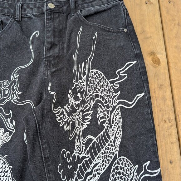 Y2K Aesthetic Black Denim Wide Leg Jeans with White Dragon Graphic Print - Picture 2 of 7
